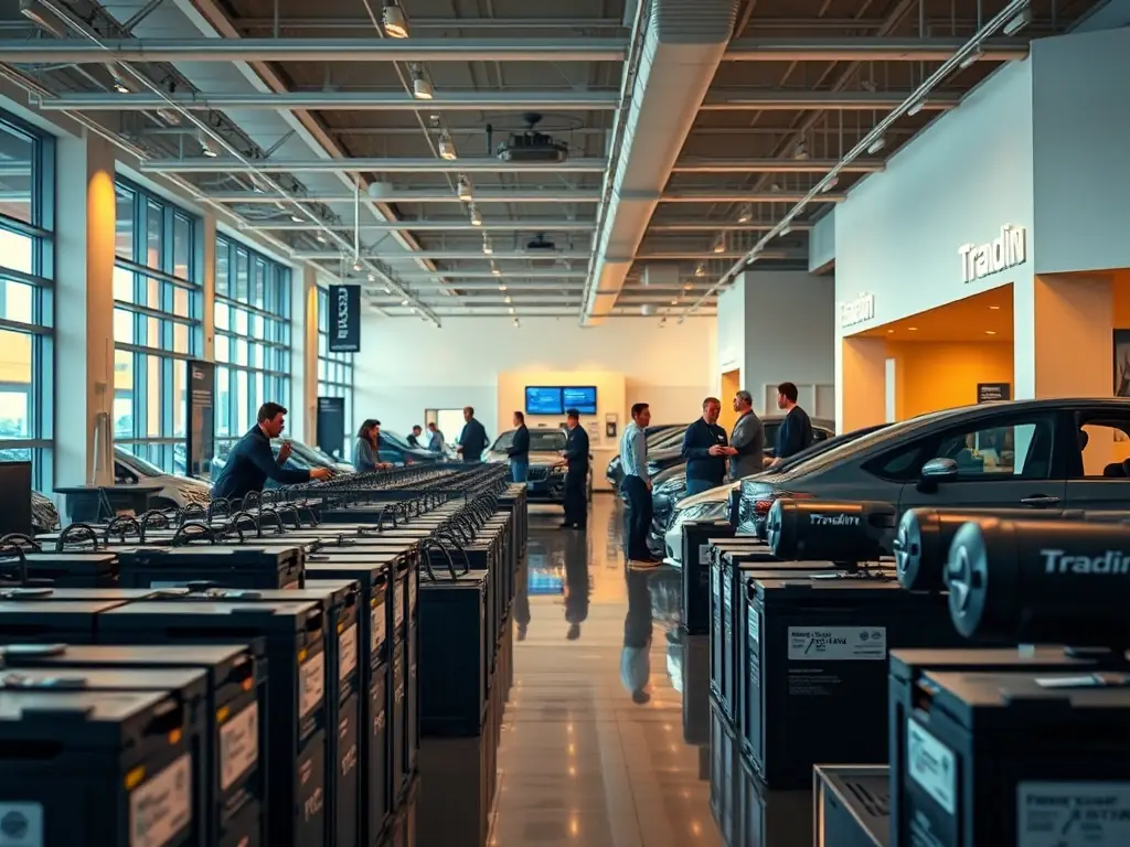 A professional EV dealer showroom featuring Tradin's lithium battery packs prominently displayed, with sales representatives assisting customers.