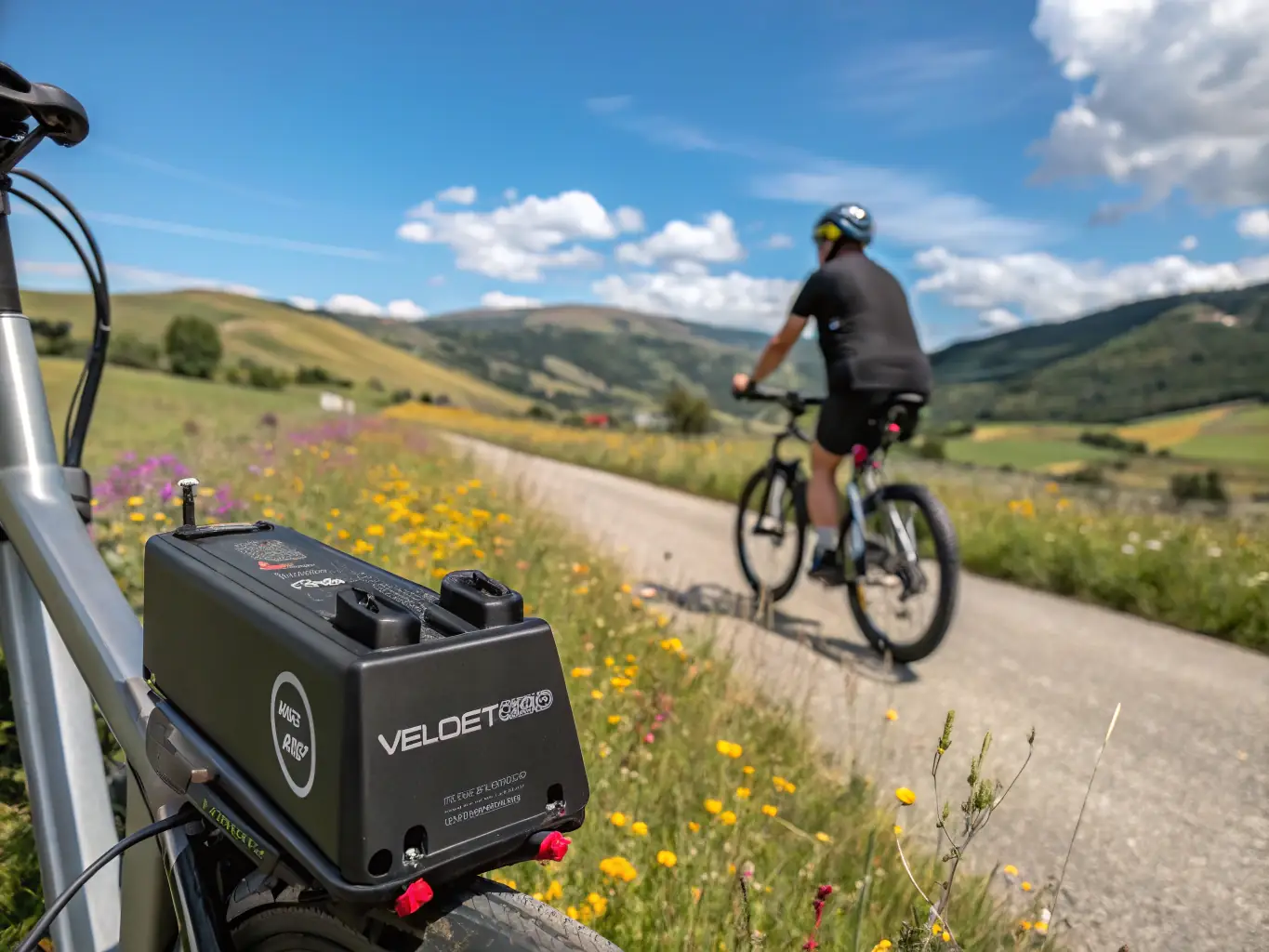A Tradin 60V lithium battery pack installed in an electric trike, showcasing its seamless integration and enhanced power capabilities. The trike is parked in front of a vibrant marketplace.