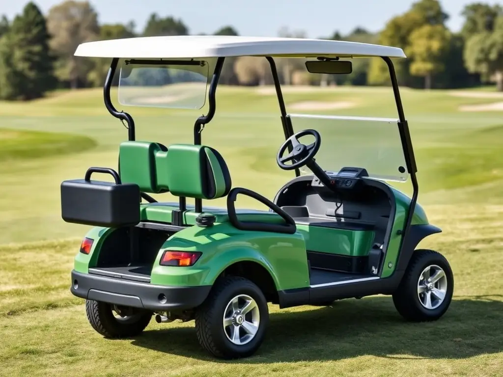 A Tradin 72V lithium battery pack powering an electric golf cart on a lush green golf course, demonstrating its high-performance capabilities and extended range.