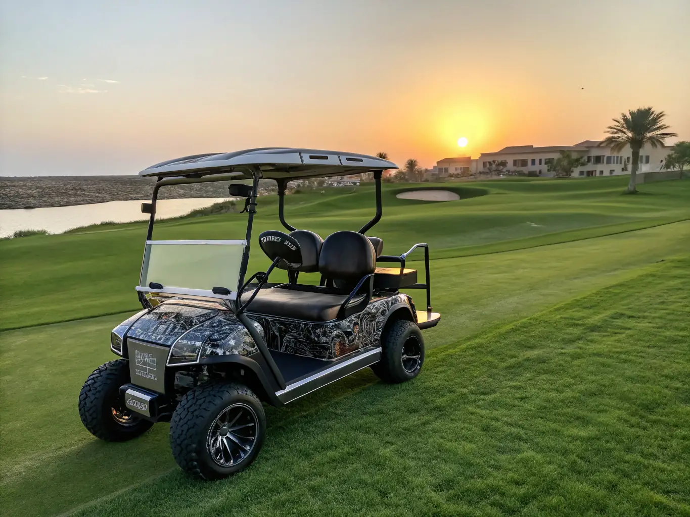 A high-quality image of a Tradin battery pack powering a golf cart on a lush green course, showcasing the reliability and performance in demanding conditions.