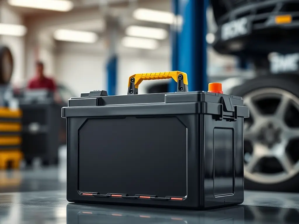 A detailed close-up shot of a Tradin 48V lithium battery pack, highlighting its compact design and robust connectors. The background is a clean, modern workshop setting.